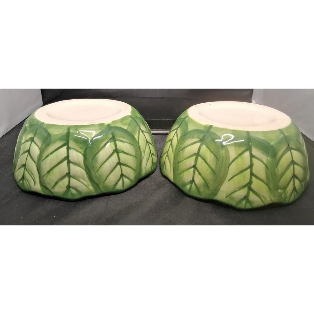 Set of 2 Ceramic Cabbage Leaf Bowls Green Scalloped Rim Hand Painted Bowls
